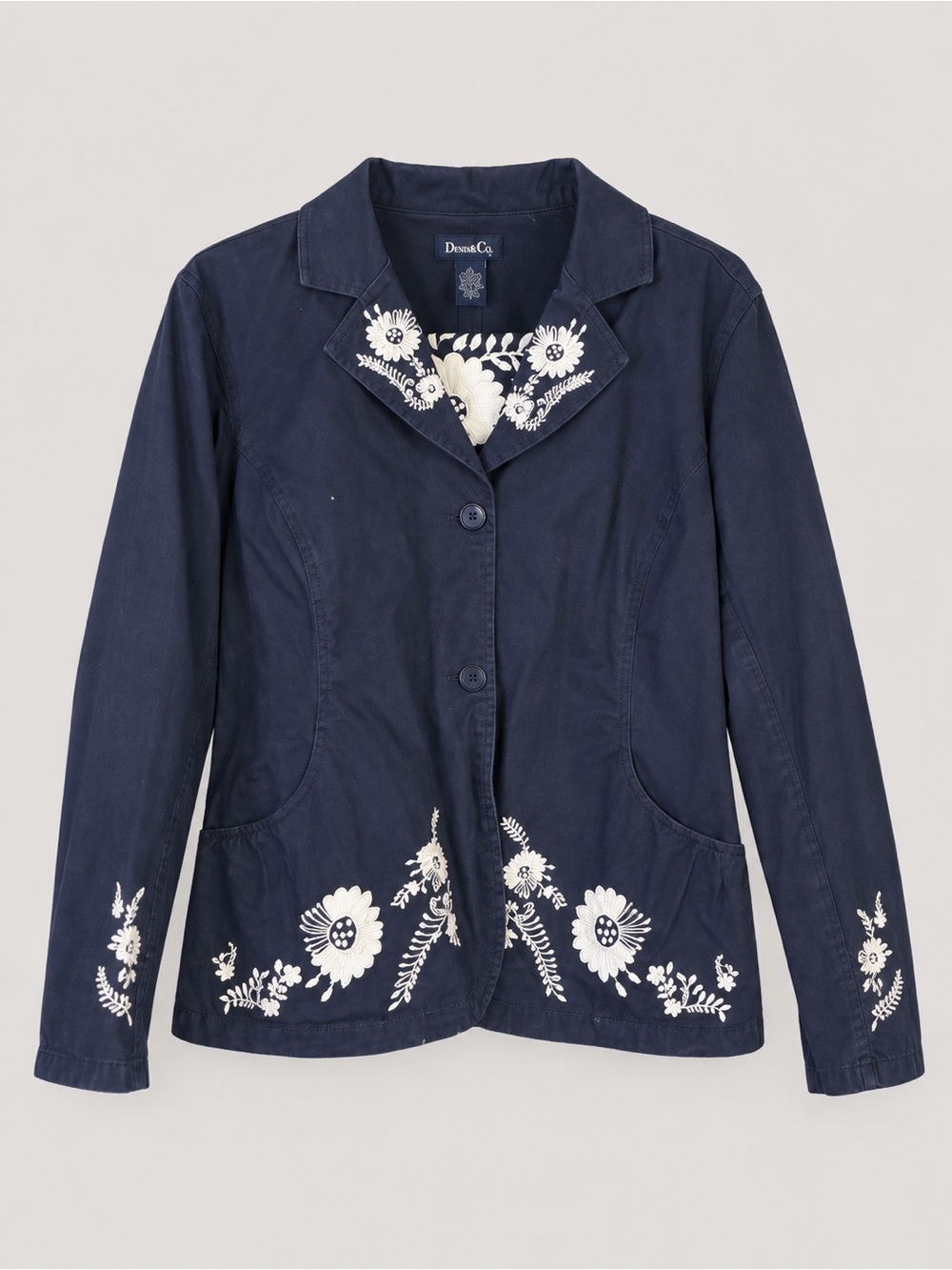 Denim&Co Navy Cotton Blazer with White Floral Embroidery